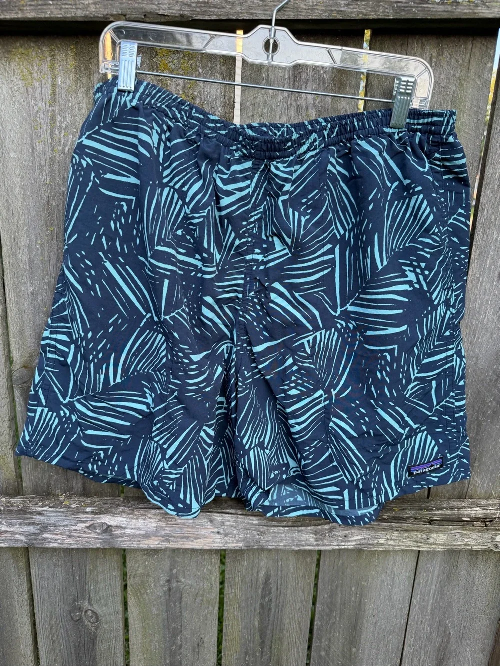 Patagonia Navy and Teal Leaf-Print Swim Shorts